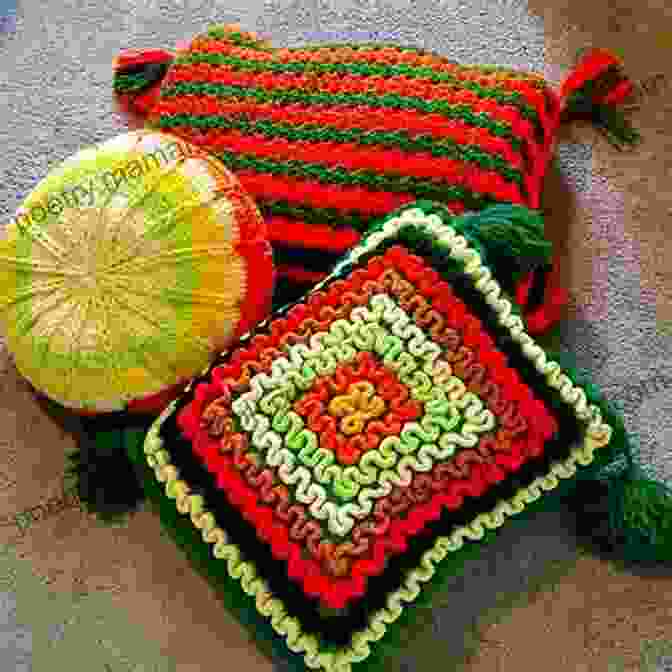 A Collection Of Vintage Crochet Throw Pillows Styled In Different Home Décor Settings. Colorful Throw Pillows Vintage Crochet Pattern
